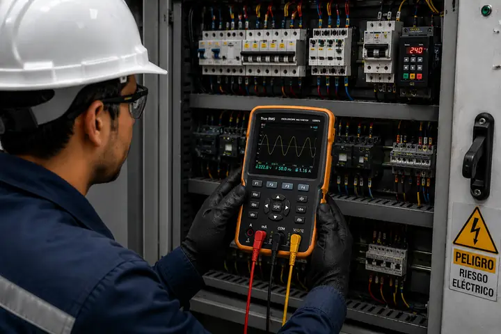 Técnico sosteniendo un multímetro osciloscopio True RMS frente a un tablero eléctrico