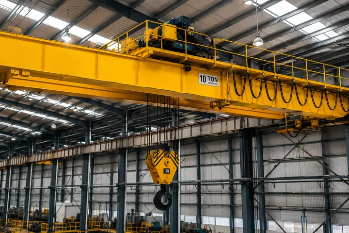 Puente grúa amarillo de 10 toneladas con gancho en una nave industrial