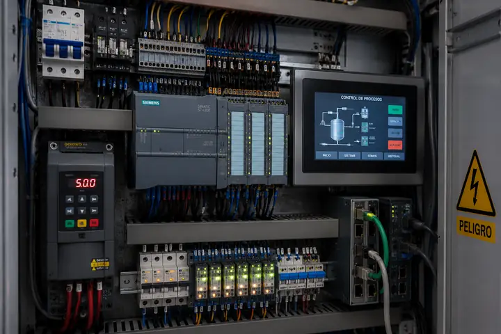 Tablero de control con PLC, pantalla HMI, variador de frecuencia y protecciones